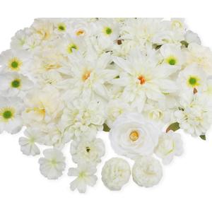 56 PCS Artificial Flower Heads White Bulk Fake Rose Peony Hydrangea Faux Flowers Small for Crafts Wedding Hair Cap Dresses Cake Baby Shower Decorations