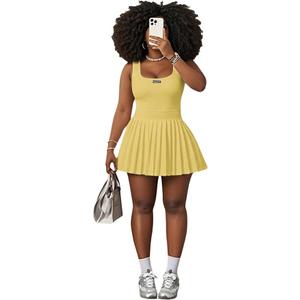 RoseSeek Women's Plus Size Tennis Dress Pleated A Line Mini Dresses Letter Square Neck Sleeveless Tank Athletic Dress Light Yellow X-Large Plus