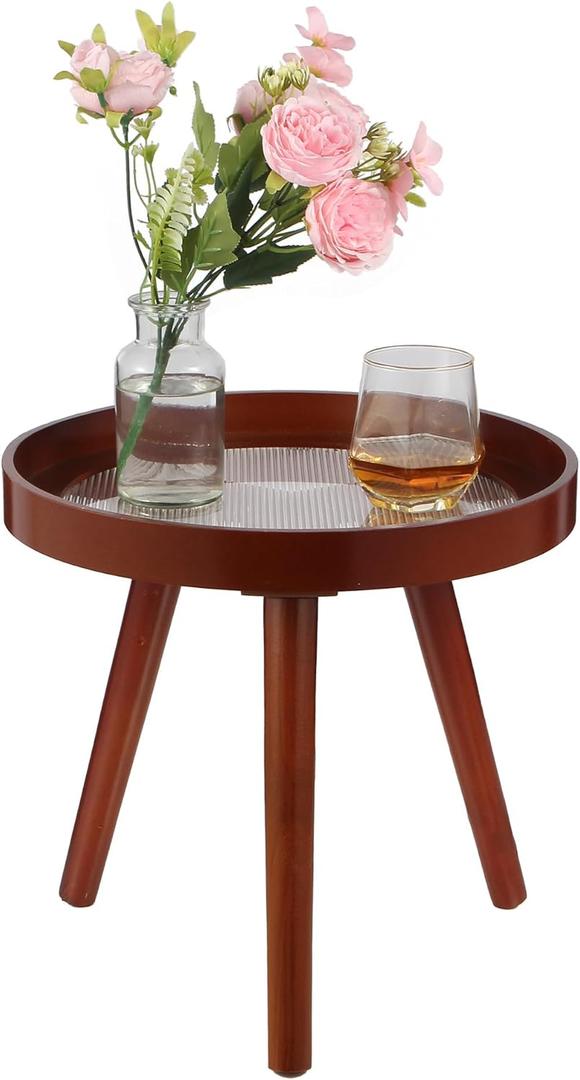 Small Round End Table, Side Tables for Patio, Mid Century Modern Rustic Accent Table with Solid Wood Legs, Reddish Brown Finish, Perfect for Bedroom, Living Room, Indoor Or Outdoor