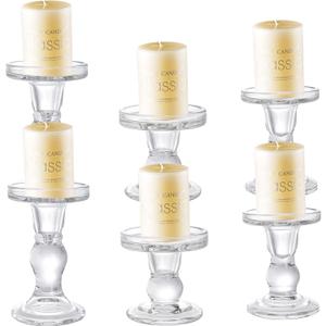 Okllen Set of 6 Glass Candle Holders, Clear Pillar Taper Candlestick Crystal Tealight Candle Holder Stand for Dinner Table, Wedding Centerpieces, Living Room, Home Decor