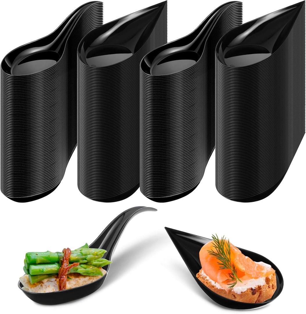 Tessco 400 Pcs 4'' Mini Plastic Appetizer Spoons, Disposable Tasting Appetizer Plates, Tear Drop Asian Soup Spoons for Dessert Sauces Sushi Ice Cream Food Dishes Catering Parties, 2 Styles(Black)