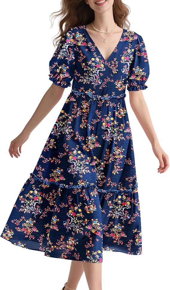 YESNO Summer Floral Midi Dresses for Women V Neck Puff Short Sleeve Frill Trim Dress with Pockets 3XL EVX CR030