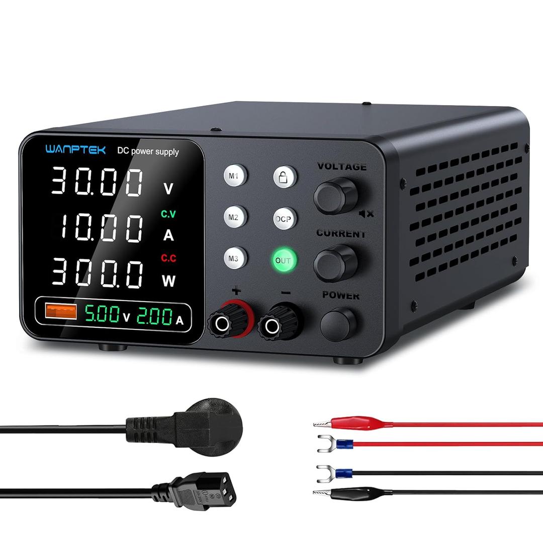 DC Power Supply Variable, 30V 10A Adjustable Switching Regulated Bench Power Supplies with Memory Preset/Locking Key/OCP Protection/Output/USB Fast Charging /4-Digit LED Display