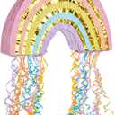 BLUE PANDA Pull String Rainbow Pinata - Small 16.5 x 10 x 3 In Pastel - Mini Birthday Pinata for Rainbow Birthday Decor