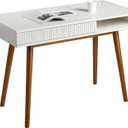 Artswish White Wood Desk with Drawer, 42" Mid Century Modern Writing Desk | Soild Wood Legs, Reinforced Structure, Hidden Drawer & Open Cubby Storage, Built-in Cable Management for a Clean Workspace
