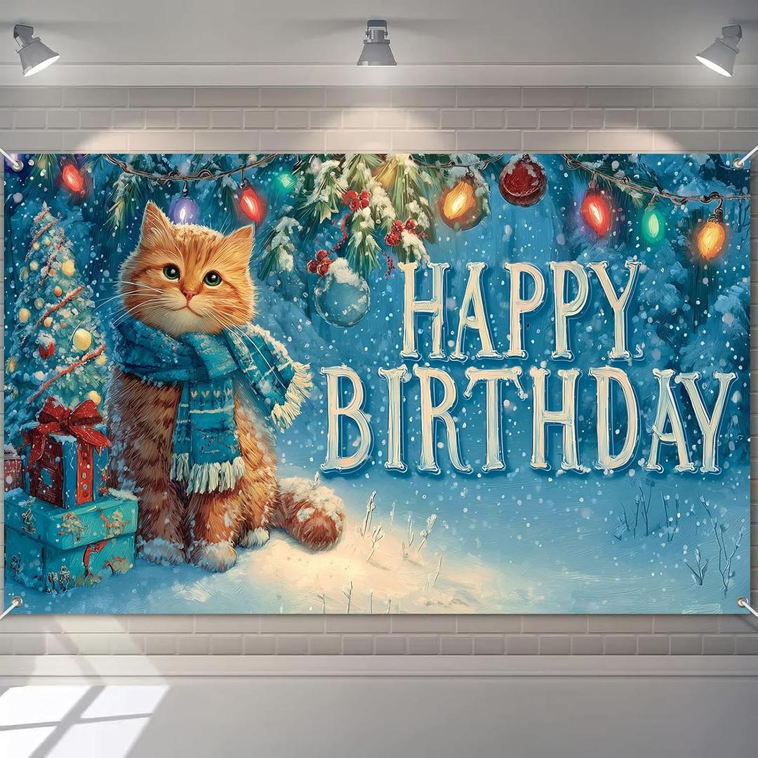 Winter Happy Birthday Banner Decrations 71x43 Inch Ginger Cat Party Backdrop Snow Christmas Tree Scene Background for Kids Winter Wonderland Birthday Decorations Gifts
