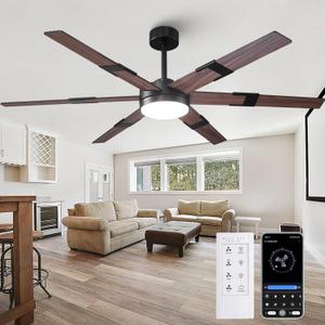 Smart Ceiling Fans with Lights, Farmhouse 60 Inch Ceiling Fans with Remote & APP Control, 6-Speed Reversible DC Motor, Dimmable LED Light, 6 Blades, Chandelier Fans for Living Room, Bedroom