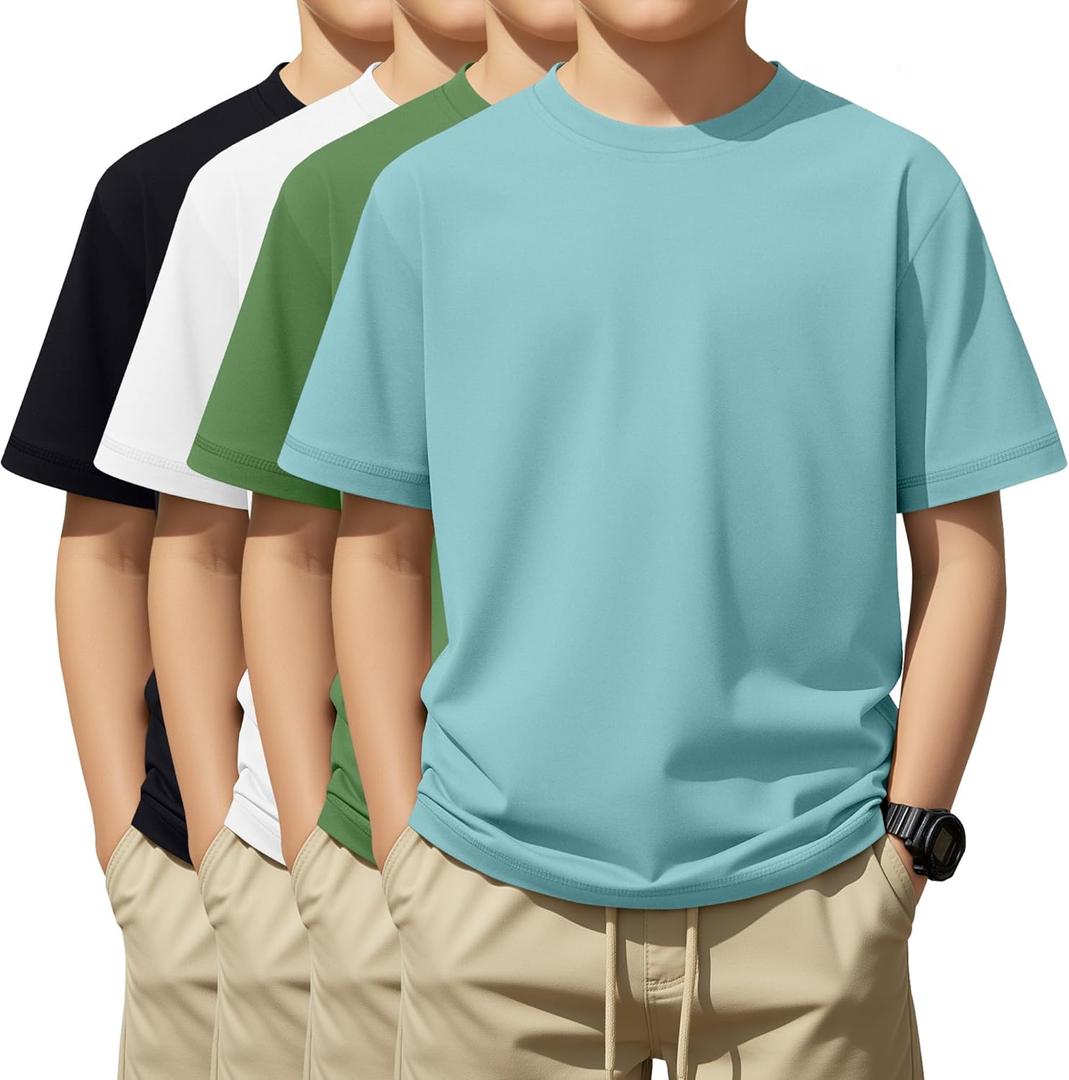 4 Pack Boys Short Sleeve T-Shirts 5-16 Years Crew Neck Layering Kids Casual Tops Basic Summer Loose Fit Shirts Tees (Blue Green, Matcha Green, White, Navy Blue)