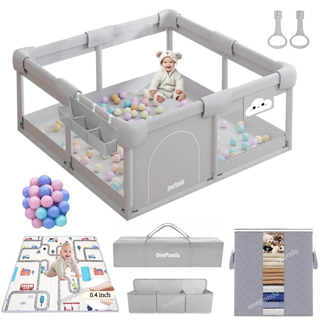 Large Baby Playpen with Mat, 50"x50" with Thickened Anti-Collision Sponge for Babies and Toddlers, with Ocean Balls, Gate, Storage Bag, Playard Gym for Babies, Activity Center, Kids Fence Light Gray