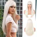 Platinum blonde Wig with Bangs for Women  Long Straight Heat Resistant Synthetic Wig for Daily Use, Party, Halloween, Cosplay  24 Inch Platinum blonde Wig for Girls