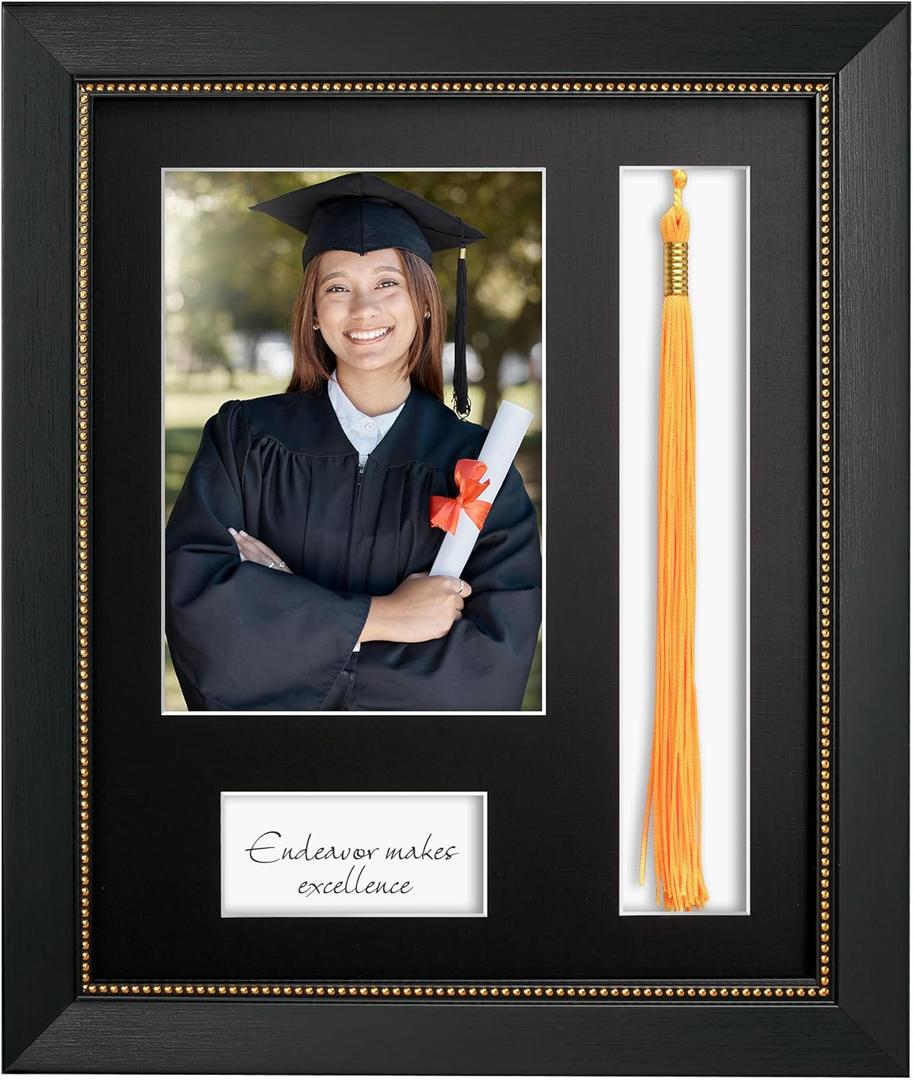 9x11 Graduate Frame with Tassel Holder, Graduation Party Gift and Keepsake, Tempered Real Glass, Display 5x7 graduate Photo with Black Linen Textured Mat, Black Frame with Gold Beads Embossing
