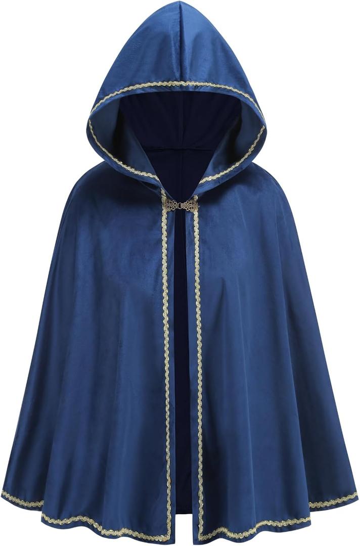 GRAJTCIN Renaissance Medieval Hooded Cape Adult Velvet Cloak Halloween Party Victorian Capelet for Women (65CM / 25.6", Blue)