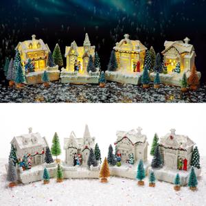 Tuanse 15 Pcs Christmas Village Accessories Set 4 LED Lighted Village Houses 10 Frosted Trees 3.5 oz Fake Snow for Christmas Collection Tabletop Mantel Shelf Indoor Room Decor (Elegant)