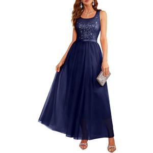 BeryLove Prom Dresses for Teens Sleeveless Sequin Evening Dress Boat Neck Cocktail Wedding Maxi Formal Dress Navy M