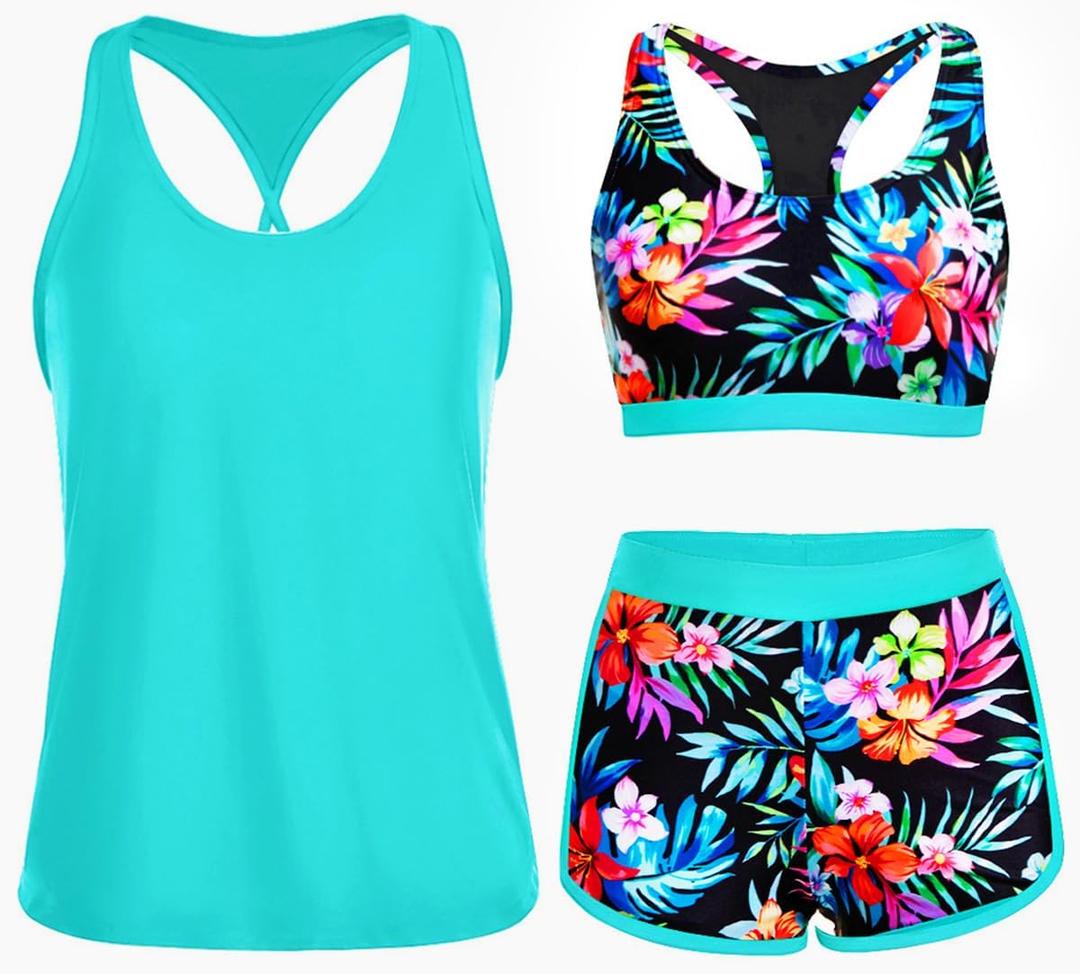 Yonique 3 Piece Athletic Tankini Swimsuits for Women with Shorts Swim Tank Tops with Sports Bra and Boyshorts Bathing Suits (Medium, Aqua Colorful Floral)