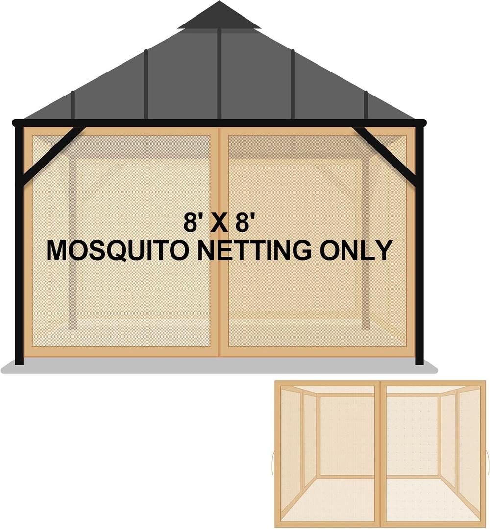 Tatuo Gazebo Universal Replacement Mosquito Netting 8 x 8 ft Outdoor Mesh Net Screen 4 Panel Sidewall Gazebo Curtains, with Zipper for Patio Canopy Porch Garden Camping (Khaki)
