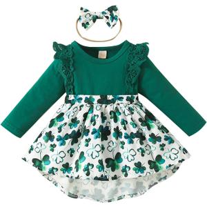 Noubeau Infant Baby Girl St.Patrick's Day Dress Ruffle Long Sleeve Romper Top Lucky Clover Print Skirt Outfits+Headband