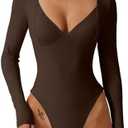 QINSEN Women's Long Sleeve Bodysuit V Neck Body Suits Seamed Cup Going Out Tops Shirt Size Medium