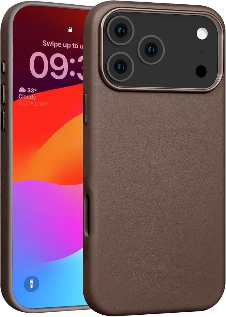 for iPhone 17 Pro Max Leather Case Compatible with Magsafe, Top Grain Leather, Professional Slim Fit Shockproof, Metal Buttons & Camera Bump Frame Phone Protective Magnetic Cover Coffee Brown