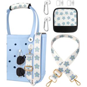 Bag Strap Charms Crossbody for Bogg Bag Accessories - Shoulder Strap Neoprene Luggage Handle Wrap for Suitcase & 2 Key Holders Blue Flower
