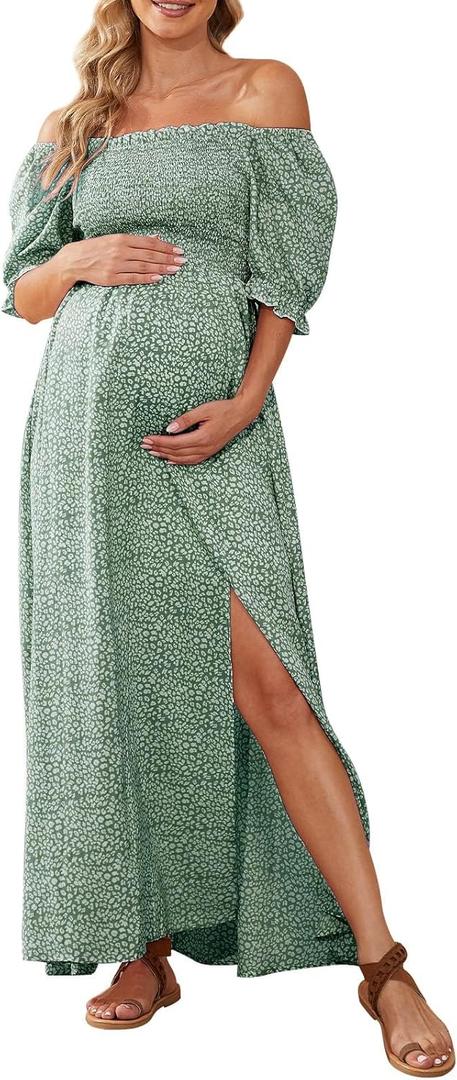 Floral Maternity Dress Square Neck Puff Sleeve Smocked Boho Photoshoot Baby Shower Pregnancy Dresses (Medium, Sage Green)
