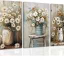 DUWQU 3 PCS Elegant Farmhouse Canvas Wall Art, Vintage Floral Pictures Wall Decor, Nature Themed Daisy Art Prints for Living Room Bedroom Kitchen and Office Ready to Hang 12×16 Inches