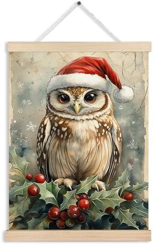 FITIE Vintage Christmas Owl Canvas Wall Art Poster Hanger Frames, Christmas Owl Decor, Rustic Holly Holiday Winter Xmas Wall Decor Prints for Home Bedroom Living Room, 12x16 Inch