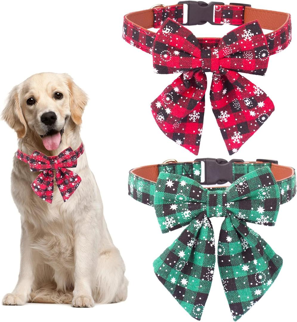 ADOGGYGO 2 Pack Christmas Dog Collar with Bow Tie, Classic Plaid Red Green Dog Collars with Removable Bowtie Christmas Collars for Extra Large Dogs Pets (X-Large)