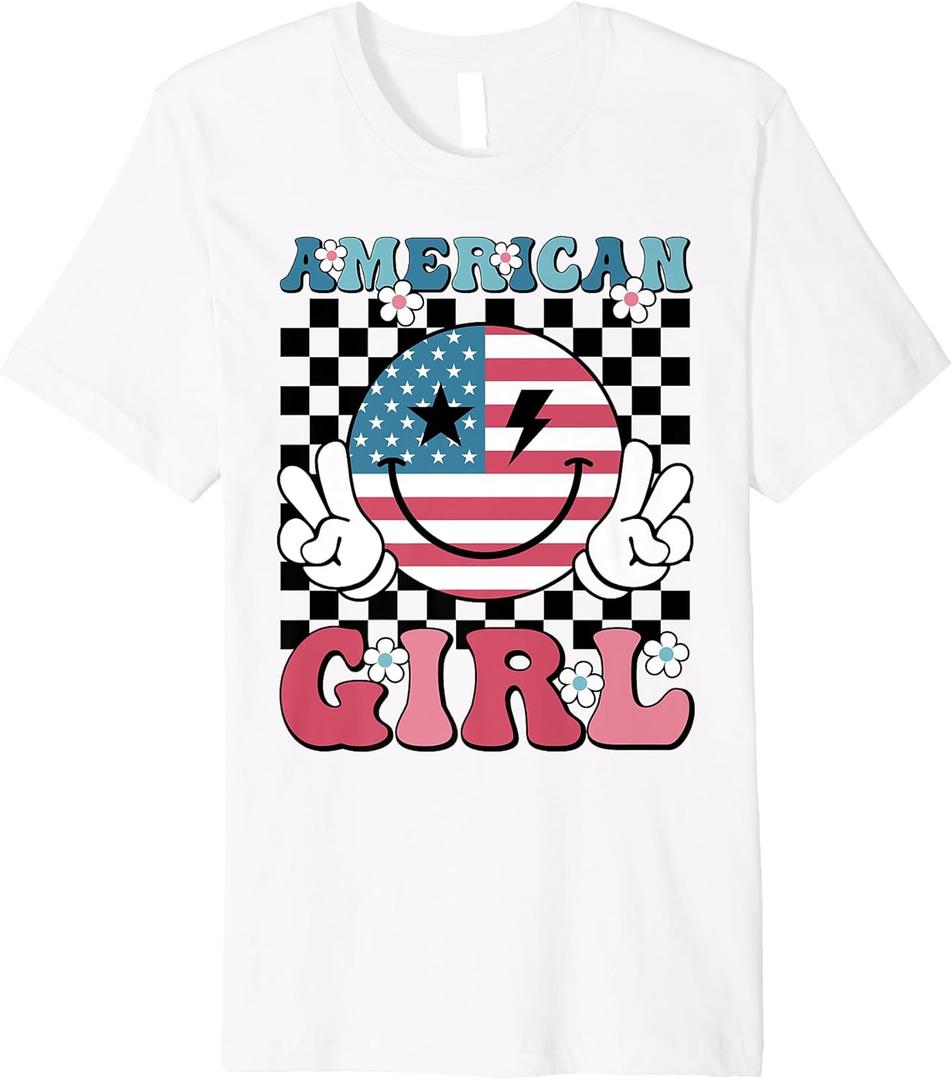 Retro Groovy American Girls Smile Face Happy 4th Of July Premium T-Shirt Medium