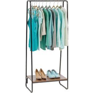 IRIS USA Clothes Rack for Hanging Clothes with Bottom Wood Shelf, Freestanding Clothing Rack, Easy to Assemble Garment Rack, Metal, Sturdy Design, Multipurpose, Small Space Storage Solution, Black