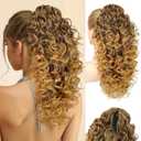 Flufymooz 100 Pure Protein Ponytail Extension, 18 Inch Curly Claw Clip Ponytail Hair Extensions Natural Soft pony tail hairpiece for women-Medium Brown with Golden Blonde