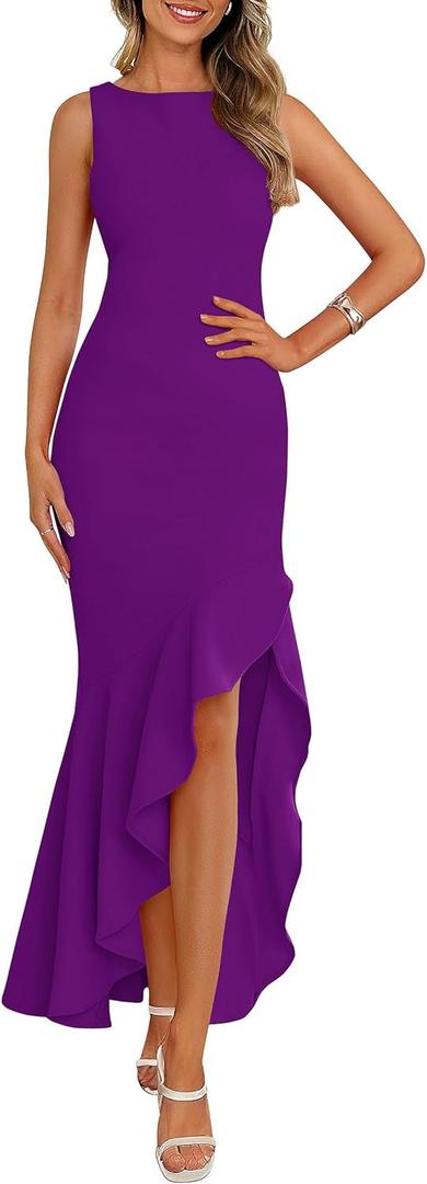 PRETTYGARDEN Wedding Guest Dresses for Women 2026 Summer Formal Gala Maxi Dress Ruffle Mermaid Cocktail Long Dresses (Purple, S)