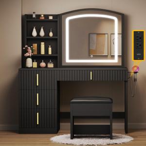 YITAHOME Vanity Desk with Mirror and Power Outlet, Fluted Vanity Table Set with Hidden Jewelry Storage, Big Makeup Desk with 4 Drawers, Black Dressing Table with Cushion Stool, 3 Lighting Color Modes