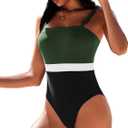 AI'MAGE Women's One Piece Swimsuit Color Block Bathing Suit Square Neck Swim Suits Vintage Retro Swimwear S-2XL (Medium, Green Black)