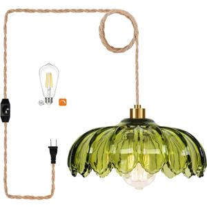 Plug in Pendant Light Hanging Lights with Plug in Cord Boho Hanging Lamp Glass Gold Mid Century Modern Vintage Dimmable Green Flower Plug in Chandelier Ceiling Fixture for Living Room,Kitchen
