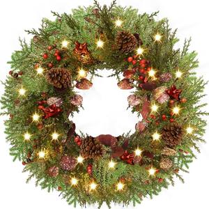 Rocinha 24'' Artificial Christmas Wreath with Lights, Red Berry & Pine Cones, Battery Operated Christmas Wreaths for Front Door, Window, Fireplace, Wall, Christmas Decorations for Indoor and Outdoor