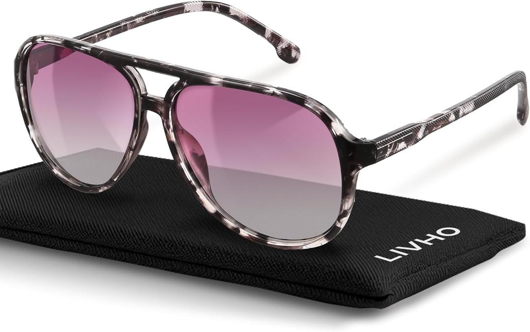 livho Trendy Polarized Aviator Sunglasses Women Men, Retro Sun Glasses for Women Men 2025, Oversized UV Protection Shades (Light Black Tortoise/Purple)