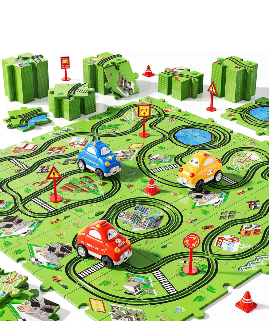 NIPLOOOW 64 PCS Puzzle Track Car Set for Boys & Girls, Ages 3-6, City-Themed Puzzle Race Tracks, (Blue and Green)