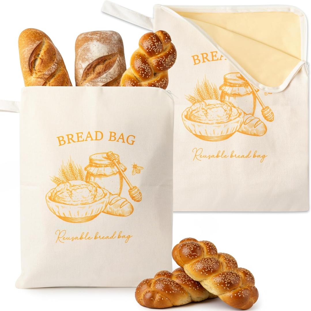 Reusable Beeswax Bread Bags - 2PCS Wide Zipper Access Bees Wax Homemade Sourdough Bread Food Storage Bag, L-shaped XL Coated Cotton Waxed Freezer Freshness Preservation for Home Kitchen Baking