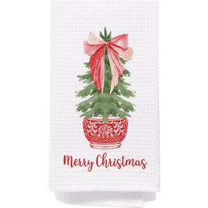 Merry Chinoiserie Christmas Kitchen Towels, Red Porcelain Tree Hand Towels for Bathroom, Red Bow Dish Towels, Kitchen Bathroom Decor, 16x24 Inch