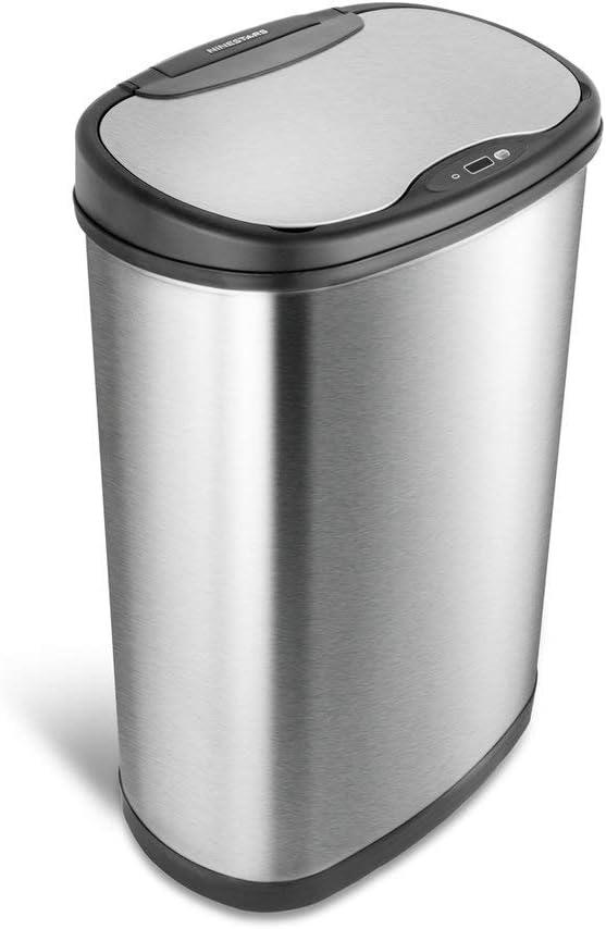 Ninestars 13 Gallon Oval Automatic Trash Can, 50L Touchless Motion Sensor Garbage Can with Odor-Sealing Lid & One-Touch Manual Mode, Silver Stainless Steel, Black Trim