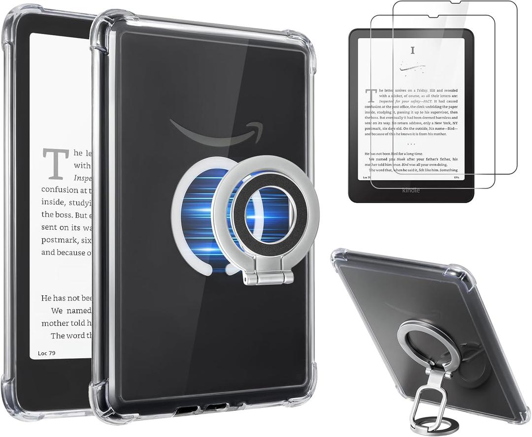 CoBak 3 in 1 Magnetic Clear Case with Ring Grip & Anti-Glare Screen Protector for 7" Kindle Paperwhite 2024 (12th Gen) & Colorsoft, Compatible with iPhone MagSafe, for Belkin/Anker Wireless Charging. (Silver)