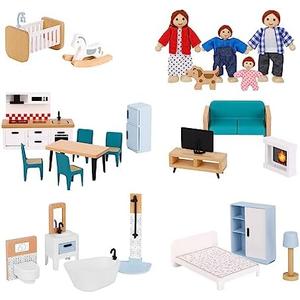OOOK Wooden Dollhouse Furniture Set for Kids, 26 Pcs Dollhouse Accessories with 4 Family Dolls and Dog, Miniature Doll House Furniture Toys Pretend Play Set for G irls Boys Age 3+
