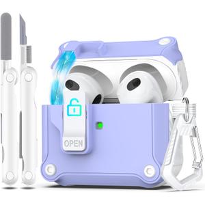 R-fun for AirPods 3rd Generation 2021 Charging Case Cover, Full Drop Protection Auto Pop-Up Lid Design for Apple Airpod 3 Gen Case with Cleaner Kit & Keychain, White/ Lavender