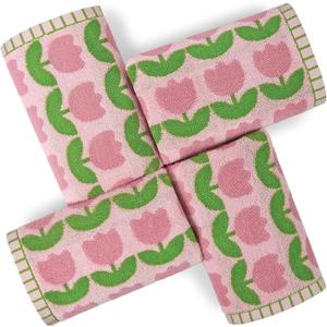 Jacquotha 4-Piece Hand Towels with Pink Tulips Pattern, Small Size 13x28 Inches, Cotton