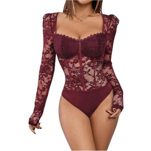 OYOANGLE Women's Floral Lace Sheer Long Sleeve V Neck Corset Mesh Bodysuit Sweetheart Neck Going Out Tops Party Club Leotard Medium, Burgundy Red