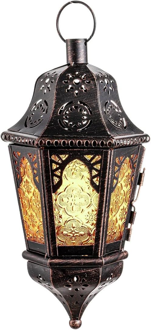 Ramadan Lantern Decorative Indoor & Outdoor, 13.6’’ Vintage Decorative Hanging Lanterns with Chian for Home Porch Patio Decor, Metal Christmas Moroccan Candle Holder Decorations (Amber)