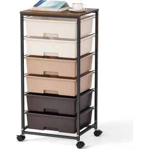 Rolling Storage Cart with Drawers,Utility Cart with 6 Large Drawers and Wooden Tabletop,Craft Storage Cart with Lockable Wheels for Bedroom, Office, Classroom, Kids'Room, Living Room (Brown)