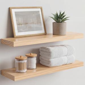 Homeforia 24 inch Natural Floating Shelf, High End Solid Real Wood 24inch Small Floating Shelves for Wall Mounted, Natural Wooden Floating Shelves, Heavy Duty Bracket, 24 X 6.5 X 1.75 in, Set of 2