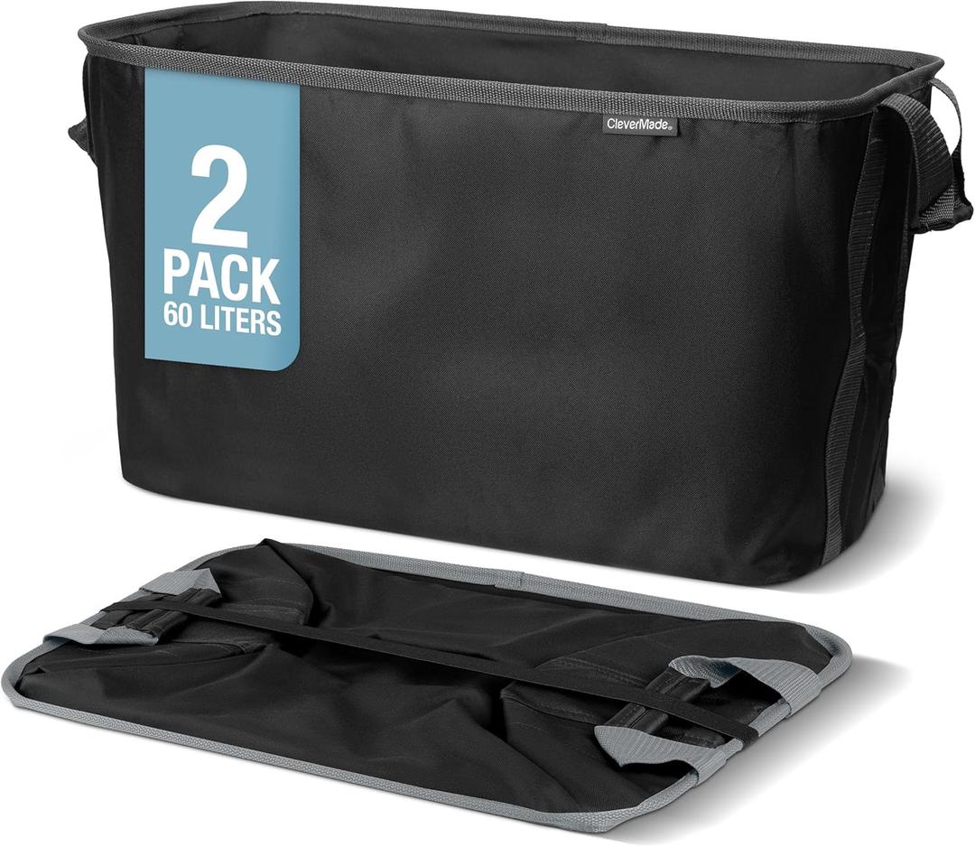 CleverMade Collapsible Laundry Basket 2 Pack  60L (16 Gal) Foldable Clothes Hamper with Reinforced Handles, Space Saving Fabric Laundry Bin, Holds 55 lbs, Flat Folding for Home & Travel - Black